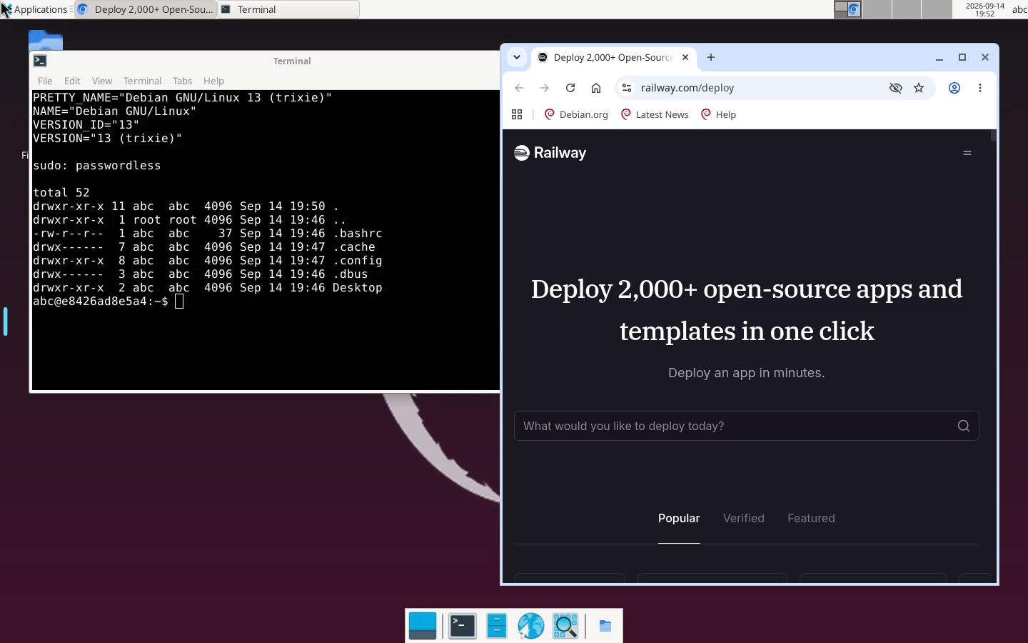Debian desktop with a terminal and Chromium open