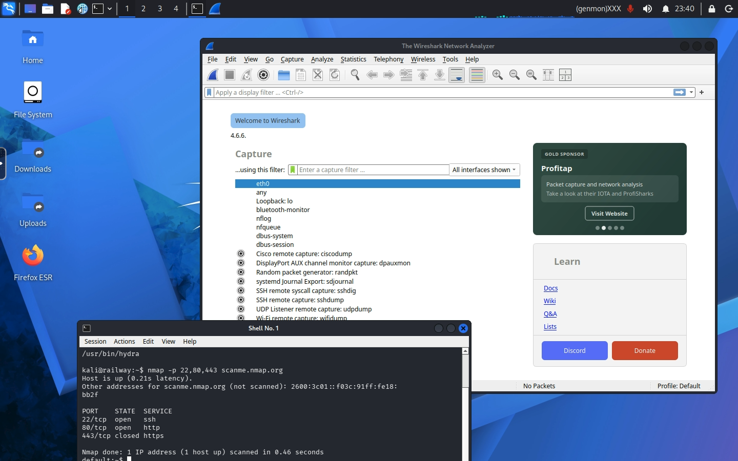 Kali Linux XFCE desktop in the browser, with Wireshark open and an nmap scan running in a terminal