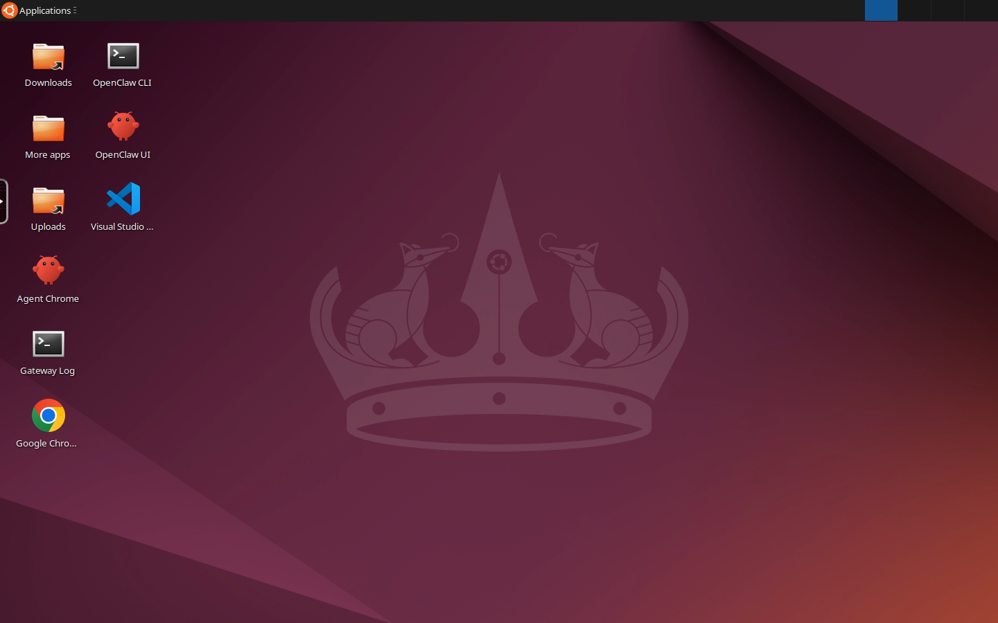 The desktop on first boot, with launchers for the OpenClaw UI, the agent's Chrome, the CLI and the gateway log