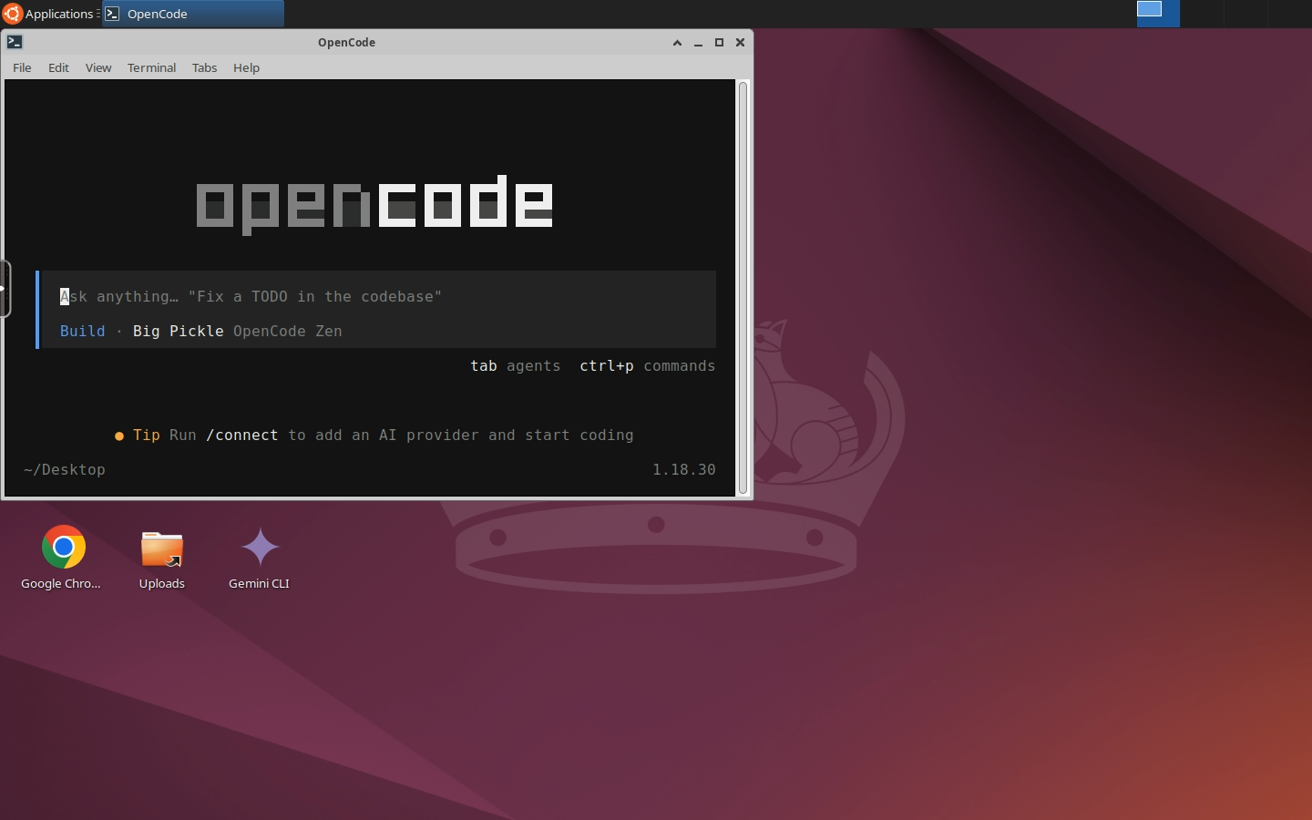 OpenCode opened from its desktop icon