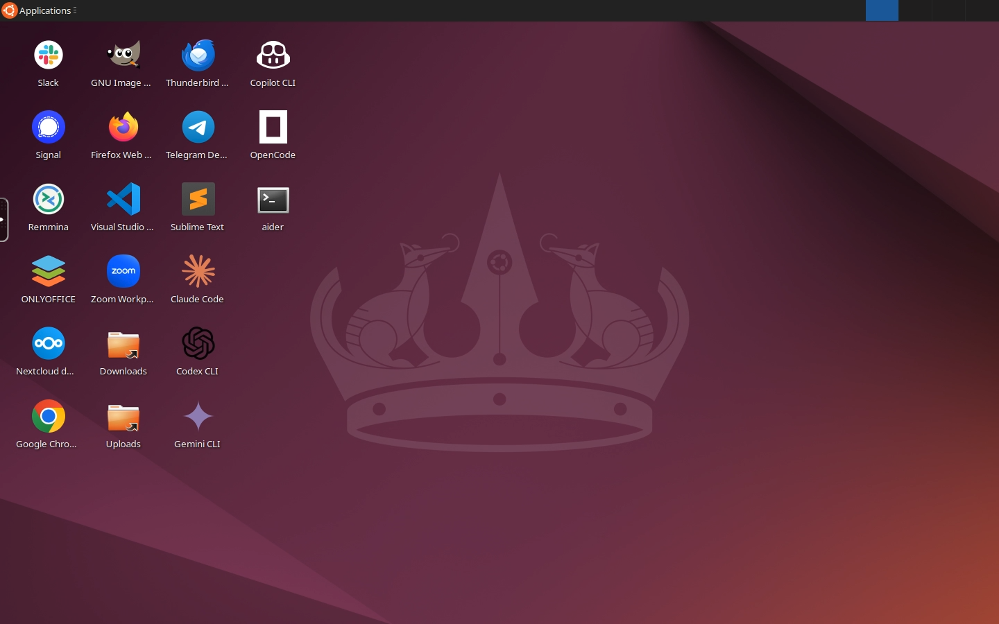 Ubuntu AI Coding Agents Desktop with one launcher per agent: Claude Code, Codex, Gemini CLI, Copilot CLI, OpenCode and aider